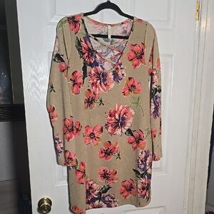 mts Size M Medium Pink and Tan V-Neck Dolman Sleeve Midi Dress